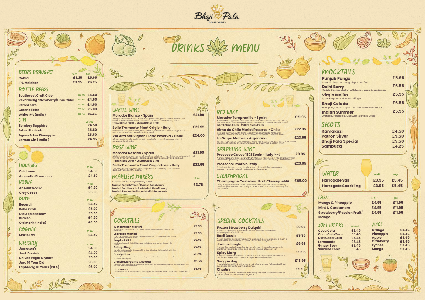 Bhajipala drinks menu with beers, wines, cocktails, mocktails, lassi and soft drinks