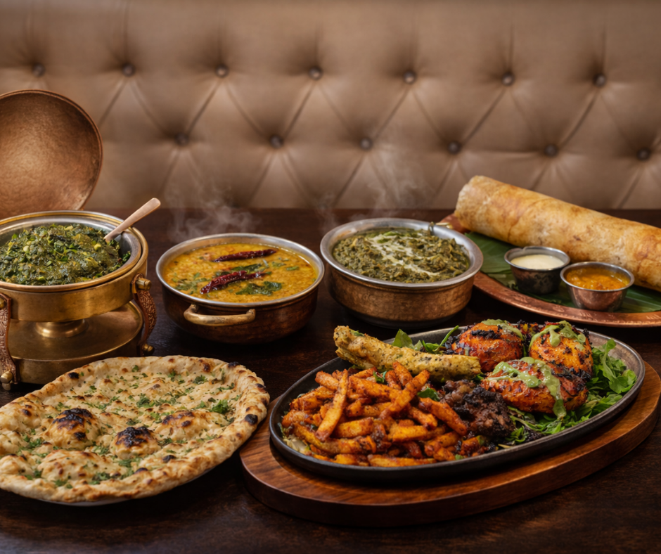 Bhaji Pala Indian dishes with curries, naan, dosa and grilled vegetables