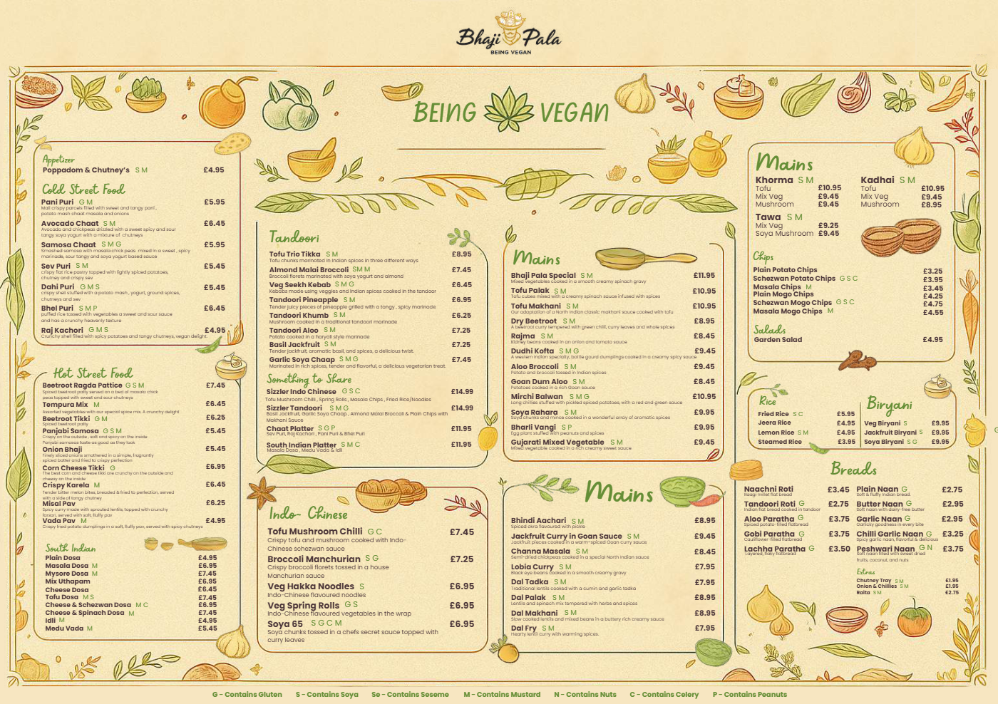 Full Bhajipala vegan and vegetarian Indian restaurant menu with prices and allergen information