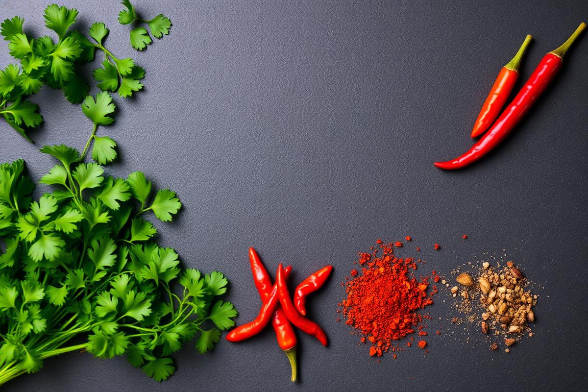 Fresh coriander, chillies and ground spices used in western Indian cooking